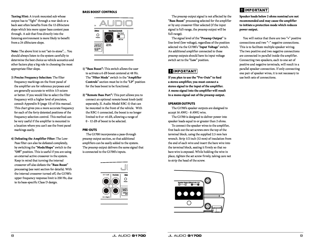 JL Audio G1700 owner manual Bass Boost Controls, Speaker loads below 2 ohms nominal are not, Pre-OUTS, Speaker OUTPUTS 